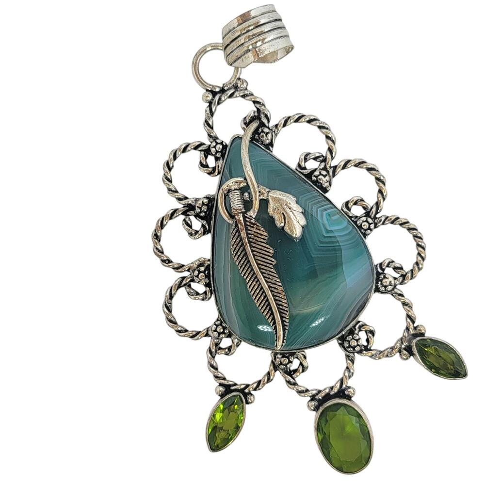 Sterling Silver Statement Agate Pendant Green Cry… - image 5